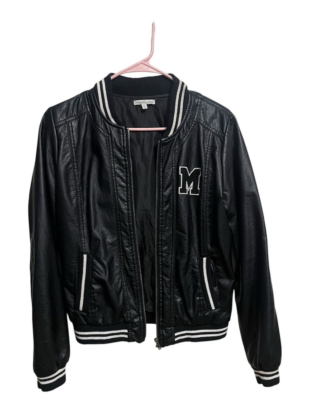 Charlotte Russe Black Faux Leather Varsity Jacket with White Stripes